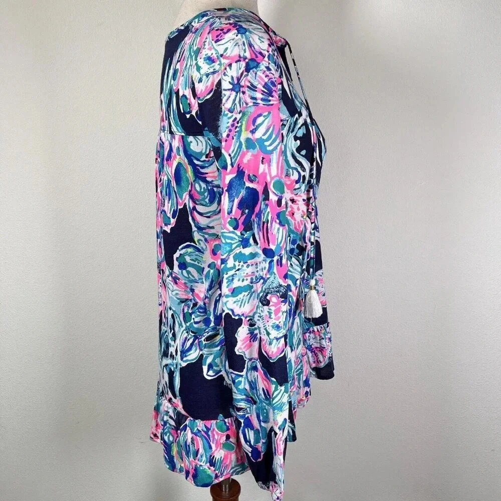 Lilly Pulitzer Top Blouse Size XS Blue Pink Long Sleeve Beach Tropical Fish - Picture 4 of 14